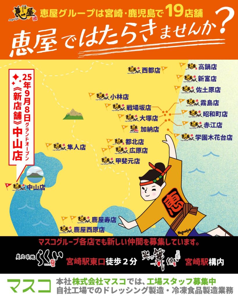 株式会社マスコグループ全店（恵屋・恵屋プラス・恵屋プラスピザ・炭火串焼らくい・炎の舞らくい）と本社株式会社マスコの配置地図