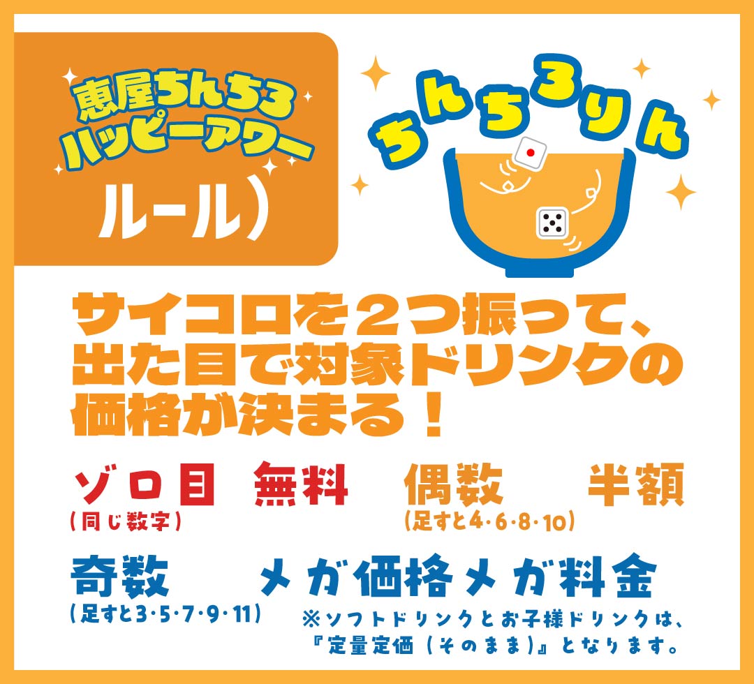 ちんちろルール：ゾロ目無料・偶数半額・奇数メガ（恵屋プラス ハッピーアワー）